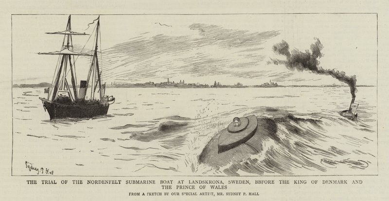 ಲ್ಯಾಂಡ್‌ಸ್ಕ್ರೋನಾ, ಸ್ವೀಡನ್‌ನಲ್ಲಿ ನಾರ್ಡೆನ್‌ಫೆಲ್ಟ್ ಜಲಾಂತರ್ಗಾಮಿ ದೋಣಿಯ ಪ್ರಯೋಗ, ಡೆನ್ಮಾರ್ಕ್ ರಾಜ ಮತ್ತು ವೇಲ್ಸ್ ಟರ್ಕ್ ರಾಜಕುಮಾರನ ಮುಂದೆ by Sydney Prior Hall