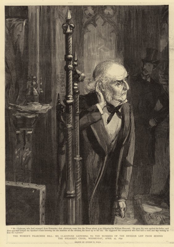 Kadınların Franchise Yasası, Bay Gladstone, 27 Nisan 1892 Çarşamba, Konuşmacı Koltuğunun arkasından Bölüm Listesinin Numaralarını dinliyor by Sydney Prior Hall