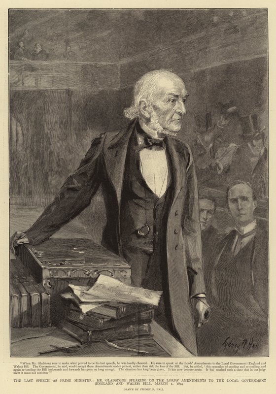 Başbakan olarak son Konuşması, Bay Gladstone Lordların Yerel Yönetim (İngiltere ve Galler) Tasarısındaki Değişiklikler hakkında konuşma, 1 Mart 1894 by Sydney Prior Hall
