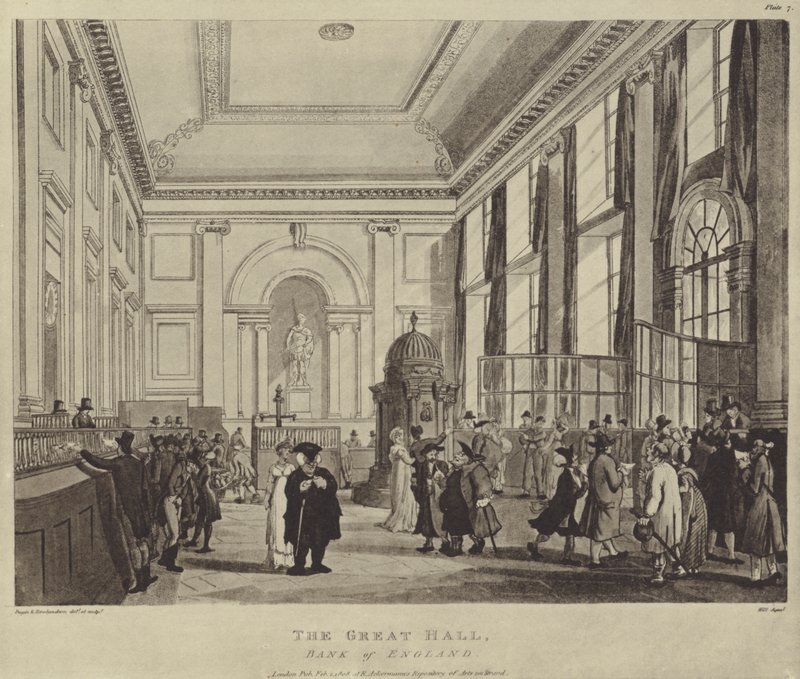 The Pay Hall, İngiltere Bankası, 1808 by T. and Pugin Rowlandson