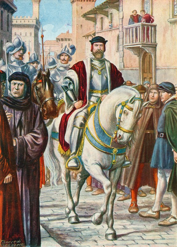 Cosimo I, onu her zaman takip eden İspanyol ve Alman muhafızlarıyla by Tancredi Scarpelli