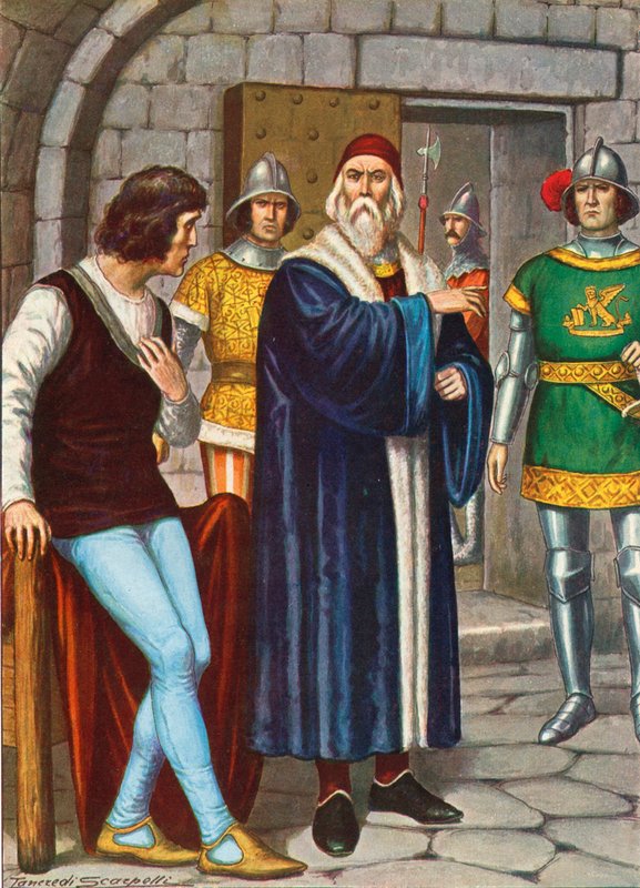 Doge Francesco Foscari, oğluna Cumhuriyetin emirlerine uymasını söylüyor by Tancredi Scarpelli