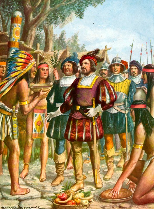 İspanyollar, onlara kek, meyve ve şarap sunan bir Hintli şef tarafından karşılanıyor by Tancredi Scarpelli