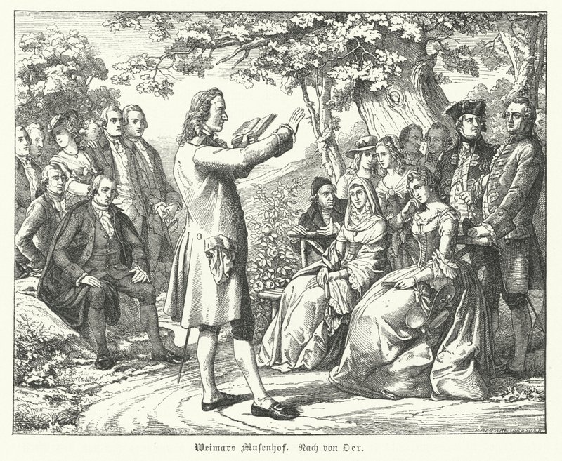 Muses Weimar Mahkemesi: Alman şair ve oyun yazarı Friedrich Schiller, Schloss Tiefurt'ta okuyor, dinleyenler arasında Christoph Martin Wieland, Johann Wolfgang Goethe ve Johann Gottfried Herder ile (gravür) by Theobald Reinhold von Oer