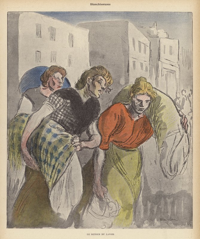 Çamaşırdan dönen çamaşırcı kadınlar (renkli taş) by Theophile Alexandre (after) Steinlen