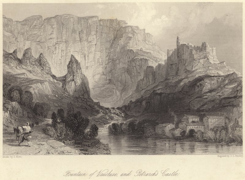 Vaucluse Çeşmesi ve Petrarca Kalesi (gravür) by Thomas (after) Allom
