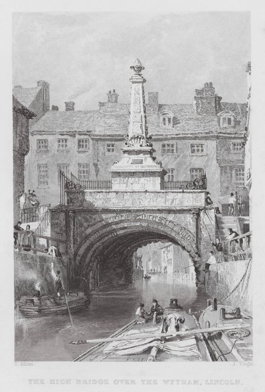 Wytham üzerindeki Yüksek Köprü, Lincoln (gravür) by Thomas (after) Allom