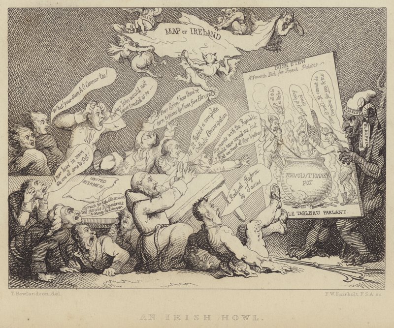 İrlandalı Bir Howl: Birleşik İrlandalılar Ulusal Konvansiyonunun toplantısı, Fransız Devrimi tarafından örneklenen cumhuriyetçiliğin dehşetini gösteriyor by Thomas (after) Rowlandson