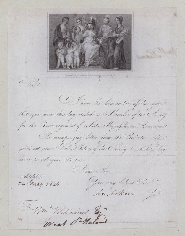 Sanat, İmalat ve Ticareti Teşvik Derneği üyeliğine seçilme onay mektubu by Thomas (after) Stothard