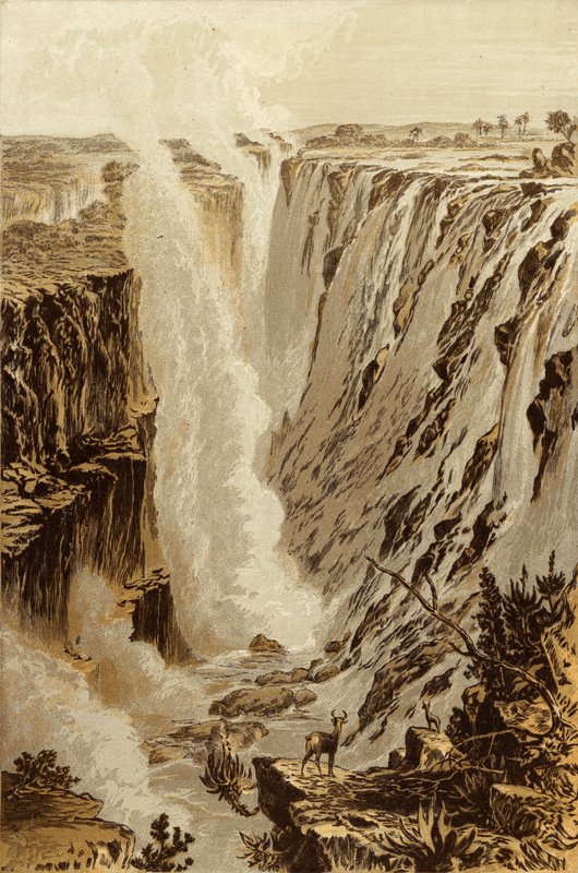 Uçurumun doğu ucundan Victoria Şelalesi, Zambesi (chromolitho) by Thomas Baines