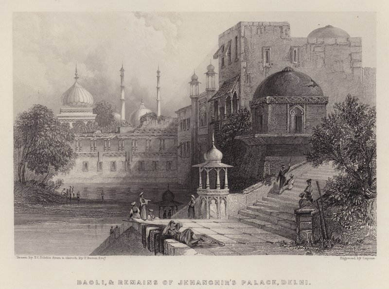 Baoli ve Jehanghir Sarayı Kalıntıları, Delhi (renkli taş) by Thomas Colman (after) Dibdin