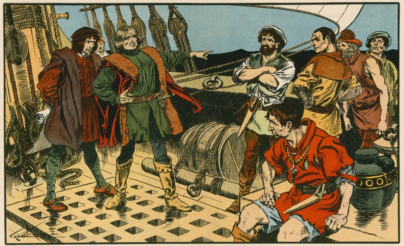 Kristof Kolomb Amerika yolculuğunda (renkli taş baskı) by Thomas Heath Robinson