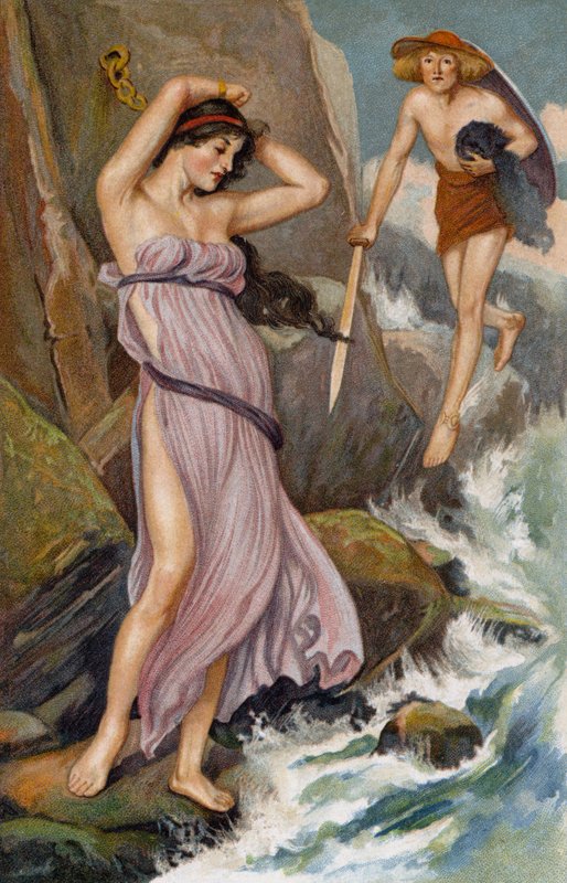 Merhamet dolu . . . . . Perseus yaklaştı ve genç kıza baktı (chromolitho) by Thomas Heath Robinson