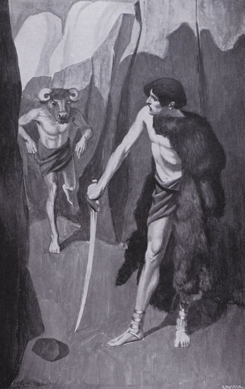Theseus Minotaur ile dar bir uçurumda karşılaştı (litho) by Thomas Heath Robinson