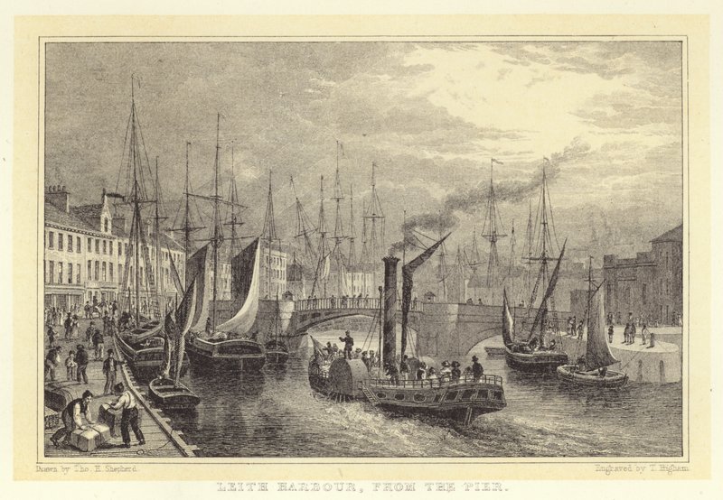 Leith Harbour, İskeleden (gravür) by Thomas Hosmer (after) Shepherd