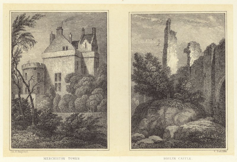Merchiston Kulesi; Roslyn Kalesi (gravür) by Thomas Hosmer (after) Shepherd