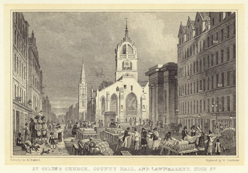 St Giles Kilisesi, County Hall ve Lawnmarket, High Street (gravür) by Thomas Hosmer (after) Shepherd