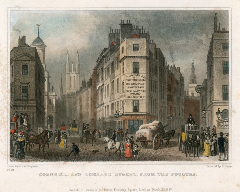 Tavukçuluktan Cornhill ve Lombard Street, Londra by Thomas Hosmer Shepherd