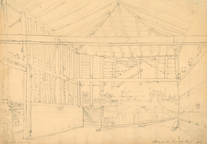 1812 ಟರ್ಕ್ ದಿನಾಂಕದ ರೀಜೆಂಟ್ ಪಾರ್ಕ್‌ನಲ್ಲಿ ಶೆಡ್ by Thomas Hosmer Shepherd