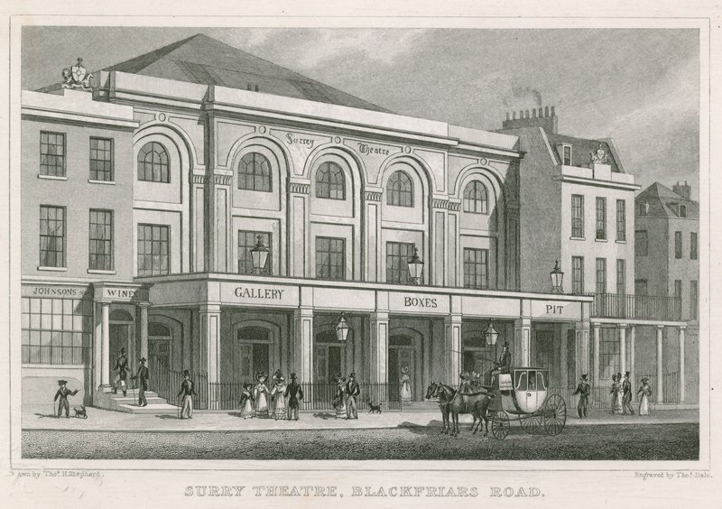 Surrey Tiyatrosu, Blackfriars Road, Londra (gravür) by Thomas Hosmer Shepherd