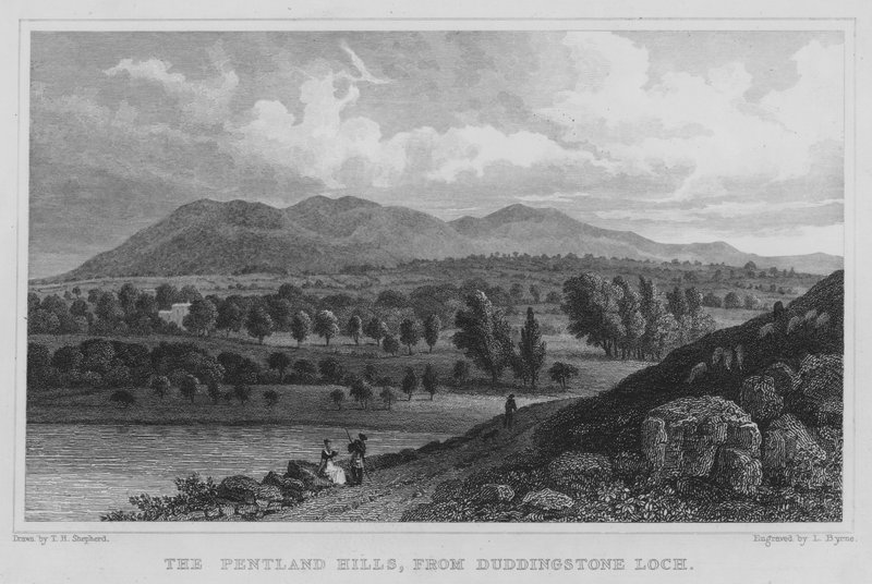 Duddingstone Loch'dan Pentland Tepeleri (gravür) by Thomas Hosmer Shepherd