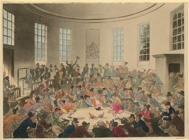 Horoz dövüşünü izleyen bir kalabalığı tasvir eden illüstrasyon by Thomas Rowlandson