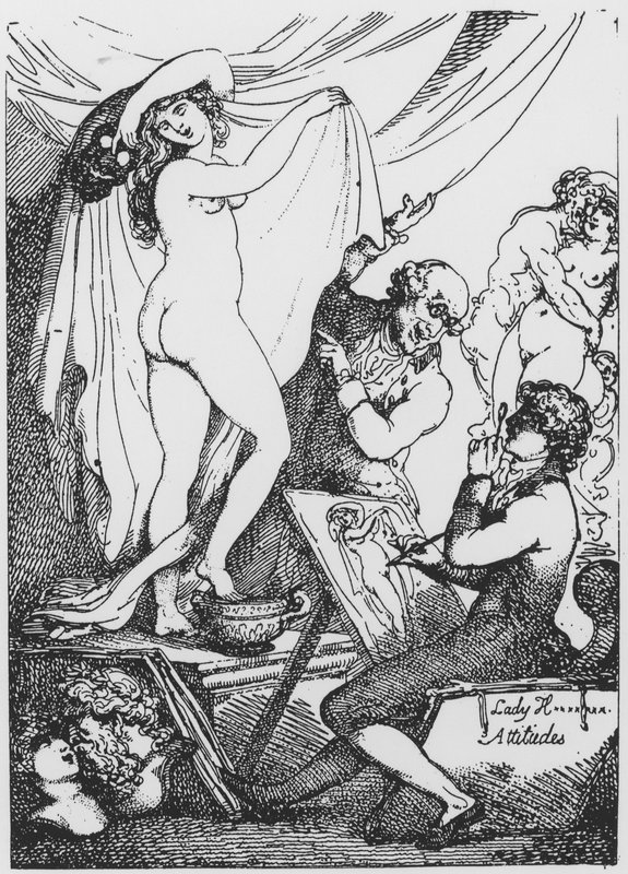 Gelecekteki Lady Hamilton, Dr James Graham'ın Aesculapius Tapınağı'nda sağlık tanrıçası Hygeia olarak poz veriyor. by Thomas Rowlandson