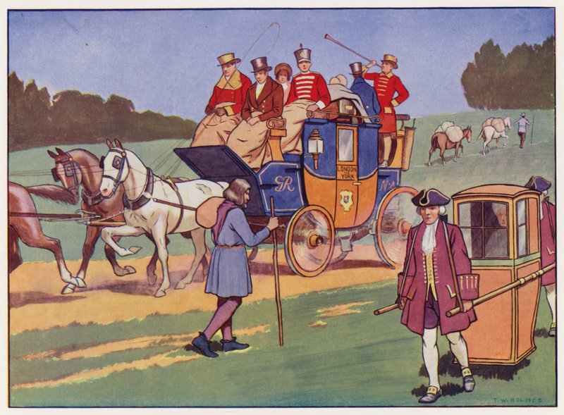 Araba ve dört, sedan sandalye ve yük atları (renkli lito) by Thomas William Holmes