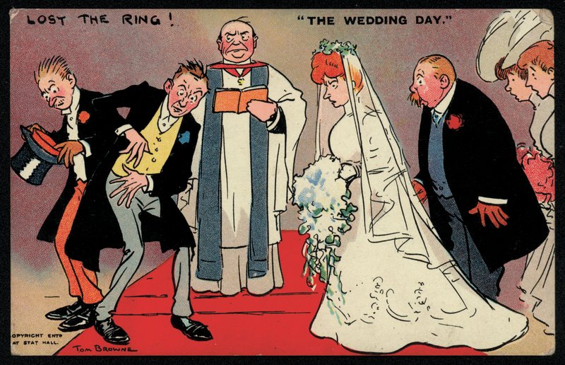 Damat ve sağdıç bir düğünde yüzüğü bulamıyor (chromolitho) by Tom Browne