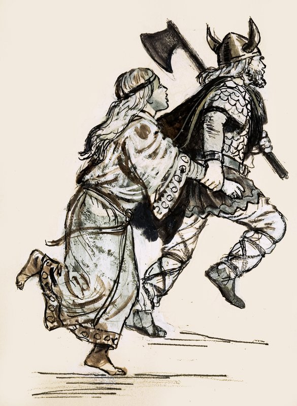 Viking akıncısı tarafından sürüklenen kadın (kağıt üzerinde guaj) by Unbekannt