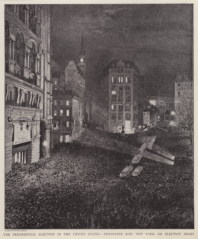 Gazete Row, New York City, ABD başkanlık seçimleri gecesi, 8 Kasım 1892 (lito) by V. Perard