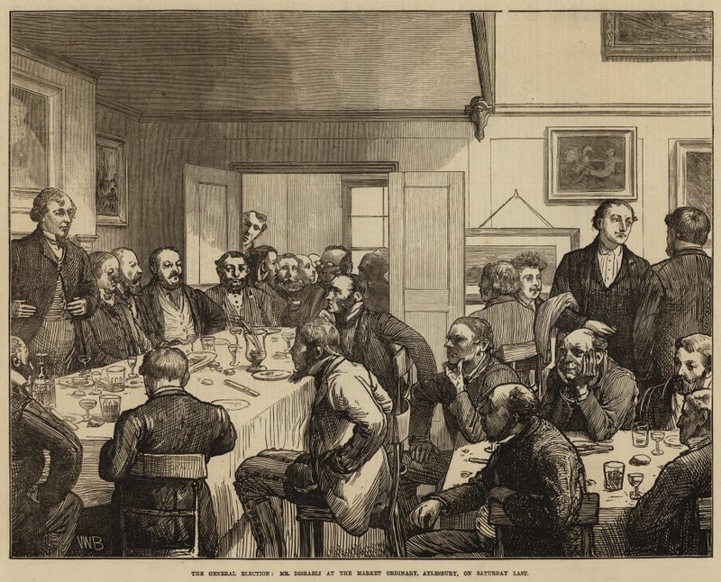 The General Election, Mr Disraeli at the Market Ordinary, Aylesbury, on Saturday Last  by Valentine Walter Lewis Bromley