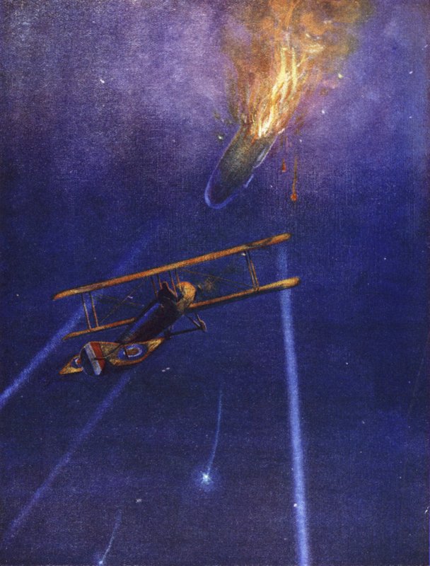 Teğmen William Leefe Robinson bir düşman hava gemisine saldırır ve onu Cuffley, Hertfordshire, Eylül 1916 üzerinde alevler içinde düşürür by W. Avis