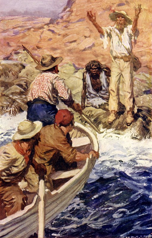 Edward Eyre, Fransız balina avcıları tarafından kurtarıldı (renkli taş) by W.R.S. (after) Stott