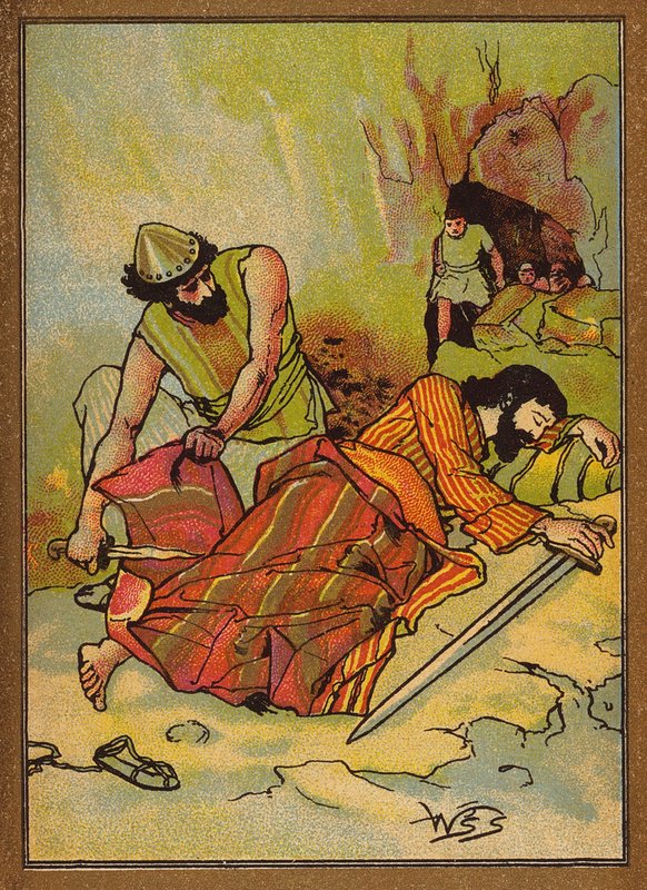 Davut, Saul#39;un Cüppesinin Eteğini kesiyor (renkli litho) by W.S. Stacey