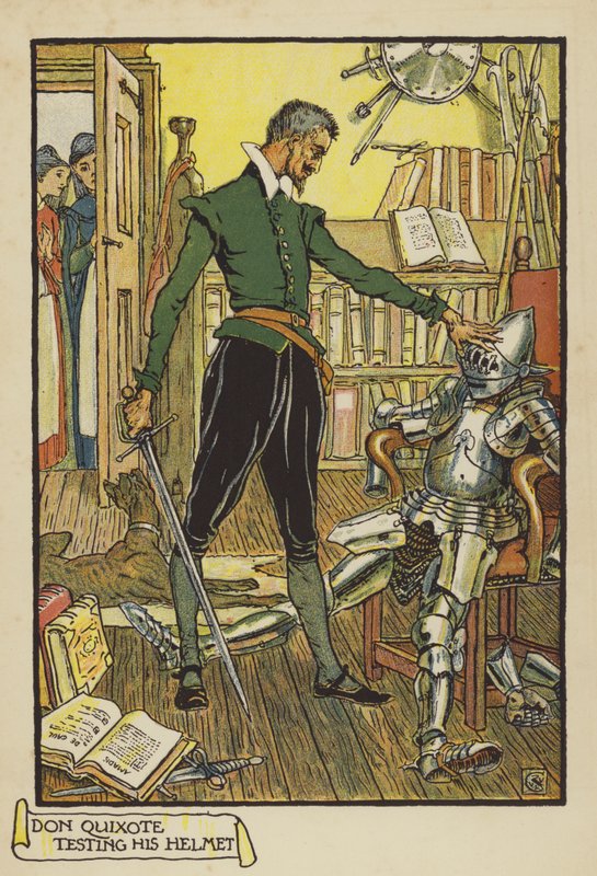 Don Kişot miğferini test ediyor by Walter Crane