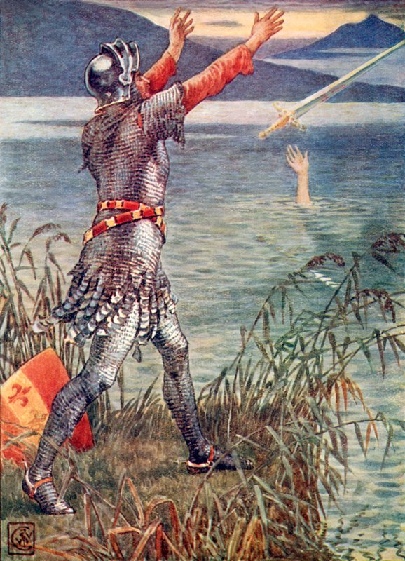 Sir Bedevere, Excalibur kılıcını göle atıyor. by Walter Crane