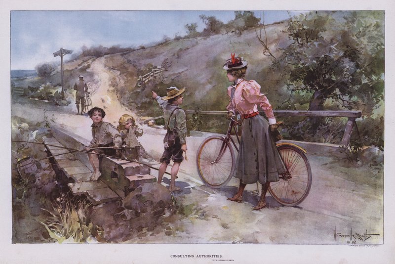 Danışmanlık Yetkilileri: kadın bisiklete binmek için dışarı çıktı ve bir grup çocuktan yol tarifi istedi (renkli taş) by Walter Granville Smith
