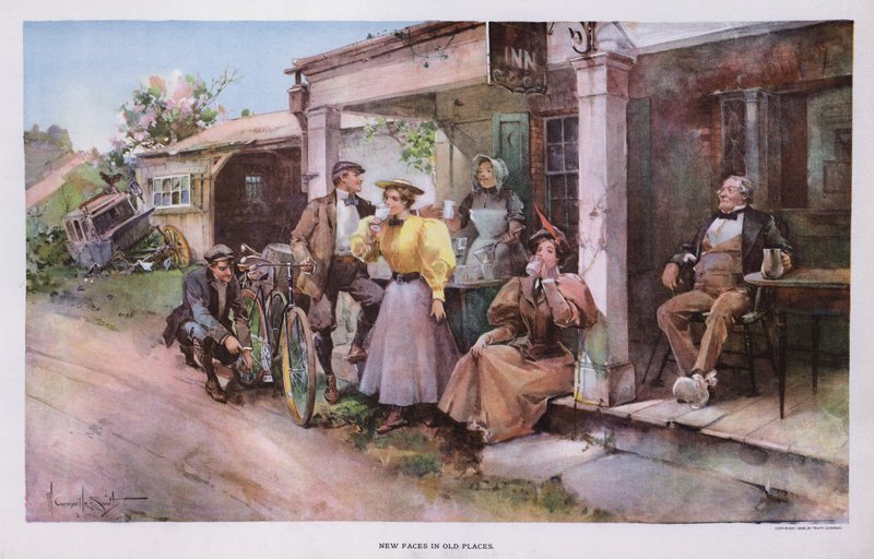 Eski Yerlerde Yeni Yüzler: yol kenarındaki bir handa serinletici bir grup bisikletçi (renkli taş) by Walter Granville Smith