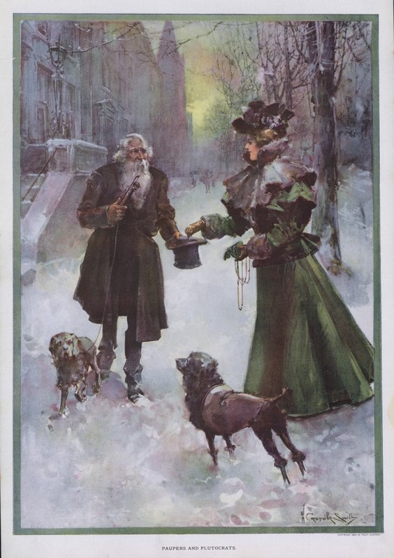 Yoksullar ve Plütokratlar: kışın sokakta fakir bir adama para veren zengin kadın (renkli taş) by Walter Granville Smith