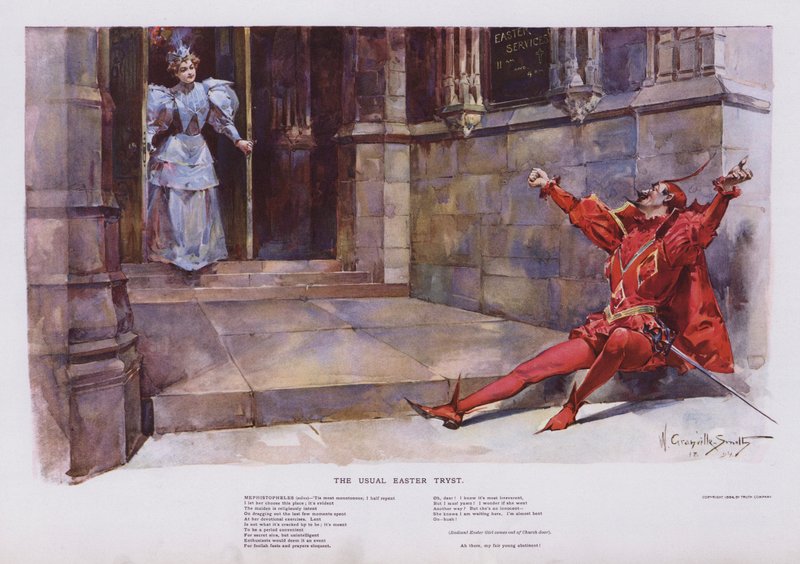 Olağan Paskalya Buluşması: Bir kızın kiliseden ayrılmasını bekleyen Mephistopheles (renkli taş) by Walter Granville Smith