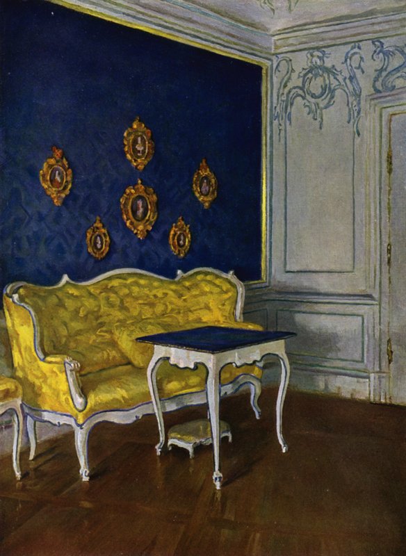 Salon yubururu muri Castle Weikersheim, Wurttemberg, imitako ya Rococo, hafi 1740 by Wilhelm Beckmann