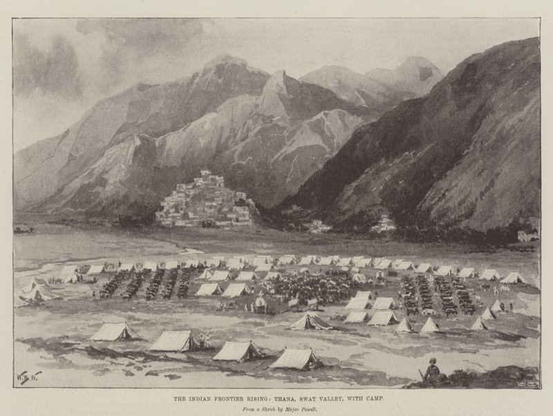 Indian Frontier Rising, Thana, Swat Vadisi, Kamp ile by William Barnes Wollen