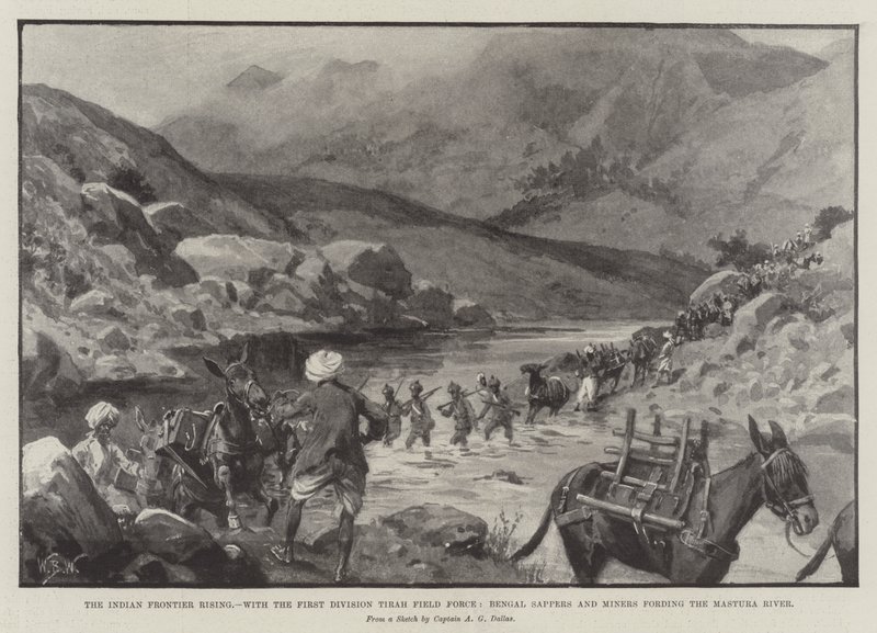 Hindistan Sınırı Yükseliyor, Birinci Bölüm Tirah Saha Kuvvetleri, Bengal İstihbaratçıları ve Mastura Nehri'ni geçen Madenciler by William Barnes Wollen