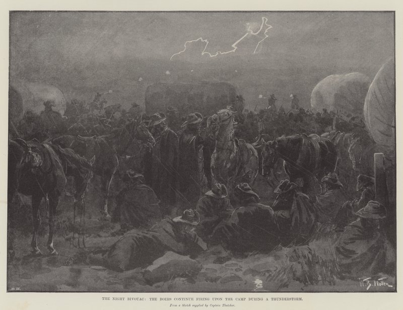 Night Bivouac, Boers bir Fırtına sırasında Kampa ateş etmeye devam ediyor by William Barnes Wollen
