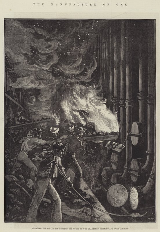ದಿ ಮ್ಯಾನುಫ್ಯಾಕ್ಚರ್ ಆಫ್ ಗ್ಯಾಸ್, ಚಾರ್ಟರ್ಡ್ ಗ್ಯಾಸ್‌ಲೈಟ್ ಮತ್ತು ಕೋಕ್ ಕಂಪನಿ ಟರ್ಕ್‌ನ ಬೆಕ್ಟನ್ ಗ್ಯಾಸ್-ವರ್ಕ್ಸ್‌ನಲ್ಲಿ ರಿಟಾರ್ಟ್‌ಗಳನ್ನು ಚಾರ್ಜ್ ಮಾಡುವುದು by William Bazett Murray