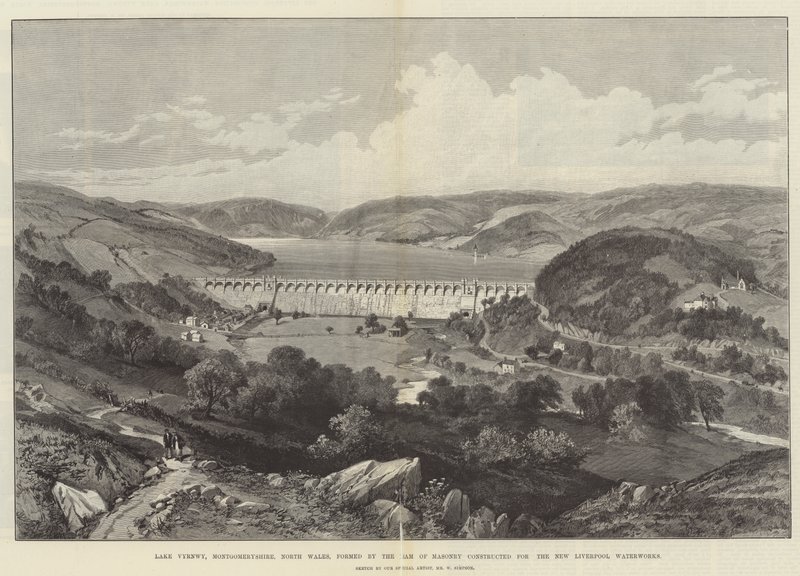 Lake Vyrnwy, Montgomeryshire, Kuzey Galler, New Liverpool Waterworks için inşa edilen Duvar Barajı tarafından oluşturulmuştur. by William Crimea Simpson
