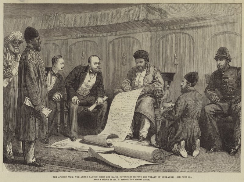 Afgan Savaşı, Ameer Yakoob Khan ve Binbaşı Cavagnari Gundamuck Antlaşması'nı imzalıyor by William Crimea Simpson