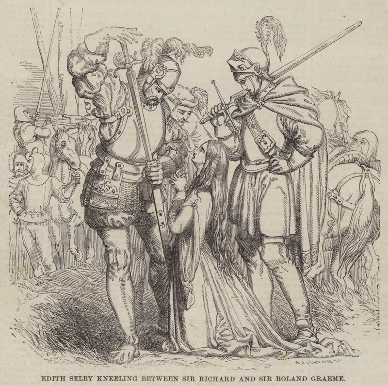Edith Selby, Sir Richard ve Sir Roland Graeme arasında diz çökmüş by William James Linton