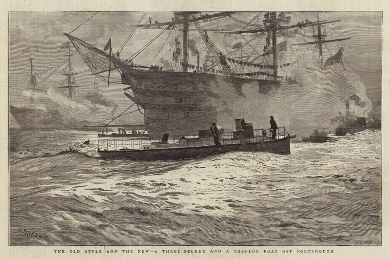 Eski Tarz ve Yeni, Portsmouth açıklarında Üç Katlı ve Torpido Botu by William Lionel Wyllie